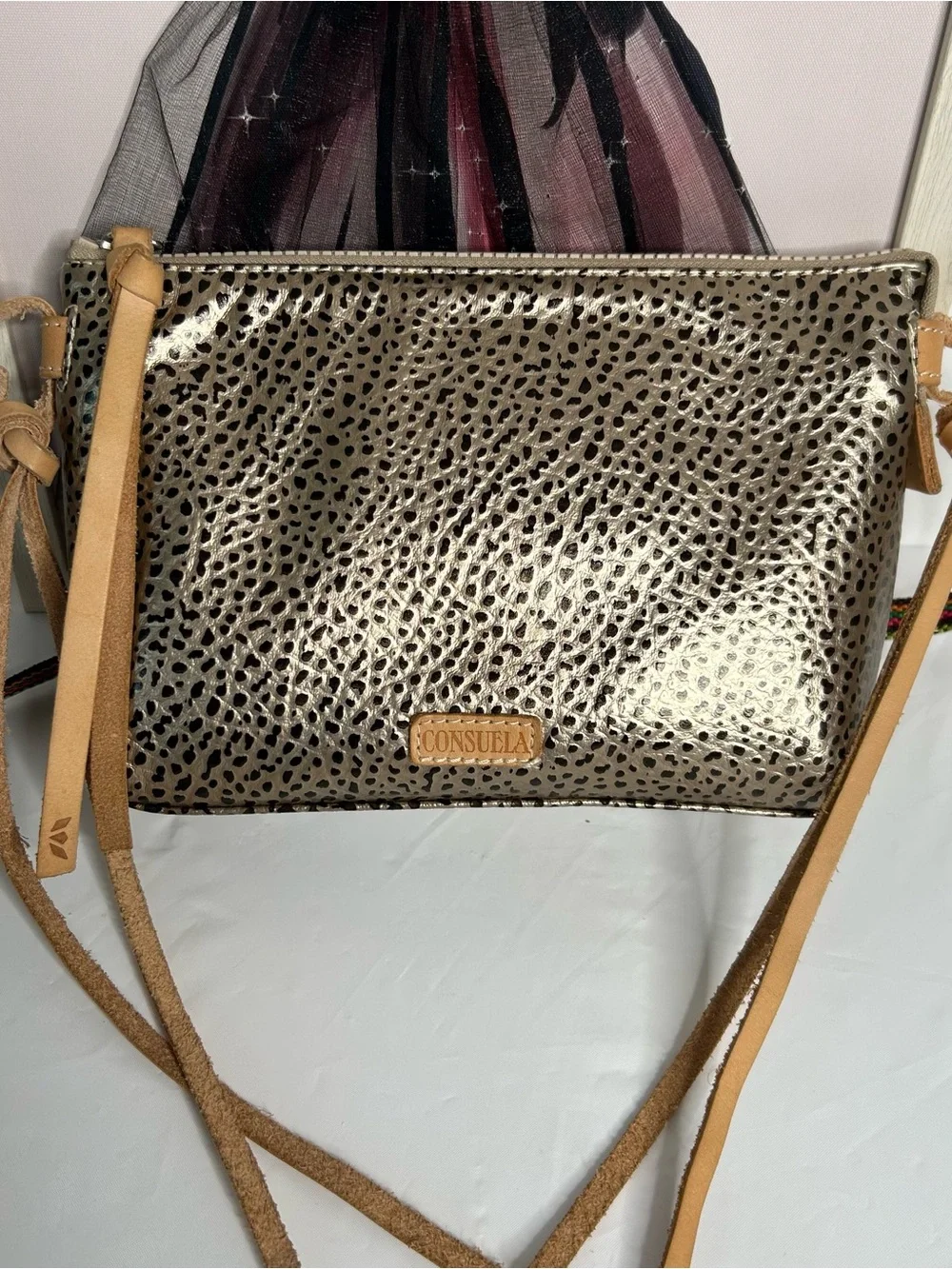 Consuela Metallic Gold Leopard-Print Crossbody with Tan Strap